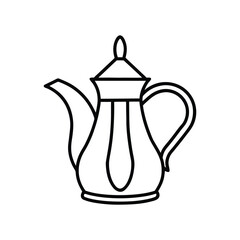 Black and white line art icon of an arabic coffee pot isolated on white background