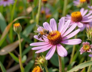Fototapeta premium Honeybee Vibrant Purple Flower Blooming Garden