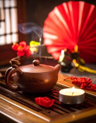 Still life of tea ceremony with teapot, candle, and fan