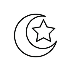 Simple black line art icon of crescent moon and star Islamic symbol isolated on white background