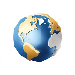 Low-poly rendering of planet Earth, showing continents in various colours, floating on white