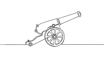 Fototapeta premium Vintage cannon with a large wheel is drawn in a minimalist continuous one line art style, showing the historical artillery weapon in a simple black and white illustration