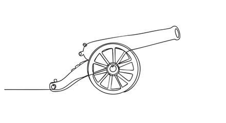 Fototapeta premium Old historical cannon with large wheels drawn in a continuous single line art style, presenting a minimalist and elegant graphic illustration for a clean, modern design