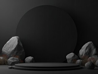 A minimalistic black scene with a circular podium, rocks, and a large circle backdrop