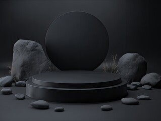 Black pedestal with a circular backdrop, rocks, and small plants on a dark floor