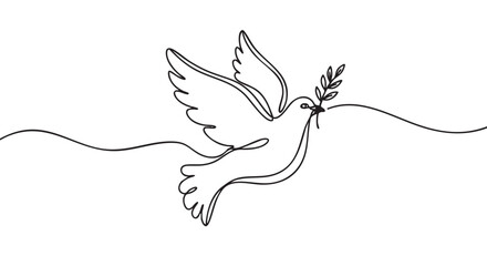 Obraz premium Flying dove with an olive branch drawn in a single continuous black line art style, representing a beautiful and minimalist symbol of peace, hope, and freedom