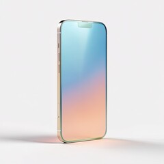 A gold-toned smartphone, screen displaying a gradient of colors, stands upright against white