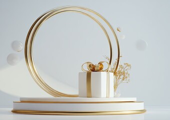Elegant 3D render of a white gift box with gold ribbon on a layered platform, minimal