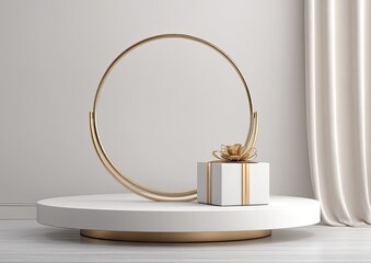 Elegant scene A wrapped gift box on a white pedestal, golden hoop backdrop, curtain