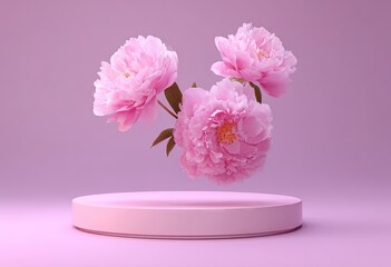 Three pink peonies hover above a circular platform, set against a monochromatic pink backdrop