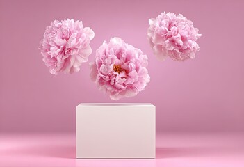 Pink peonies hover above a white cube on a pink backdrop, studio lighting