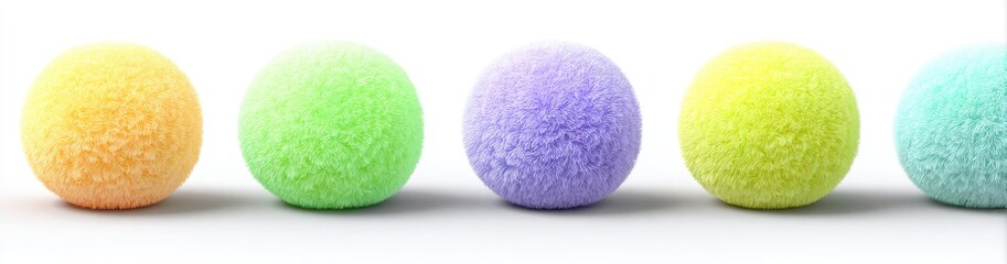 Close-up of five soft, colorful pom-pom-like spheres in a row on a white background