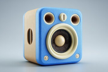 Cute, boxy speaker with blue face, wooden sides, and round elements, rendered on grey