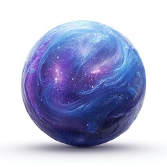 A vibrant, cosmic sphere with swirling blues, purples, and stardust against a white backdrop