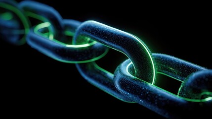 Close-up of a luminescent chain links, glowing green against a black background