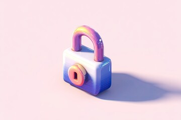 Glossy, cartoon padlock with a pink-purple handle and keyhole, gradients on light pink