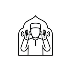 Line art icon of a muslim man performing takbir in prayer isolated on white background