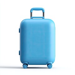 A front view of a shiny, light blue travel suitcase with an extendable handle and wheels
