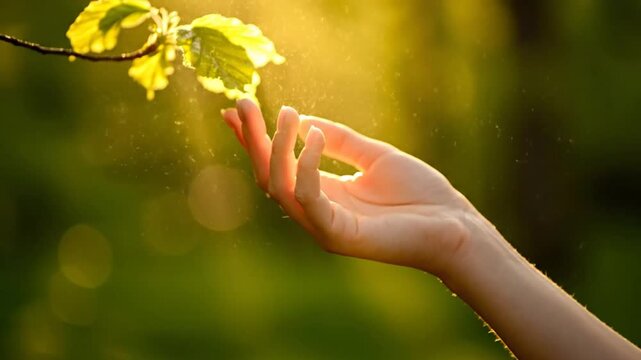 serene hand outstretched to sunlight with small particles floating through the air near tree leaves in nature