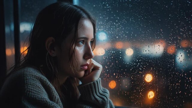 A contemplative young woman looks out a rainy window at night city lights
