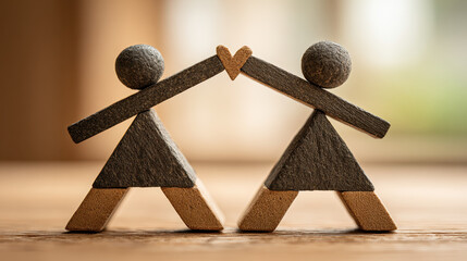 Wooden abstract figures holding a small heart shape above their heads on a wooden surface with a blurred warm background light creating a cozy atmosphere