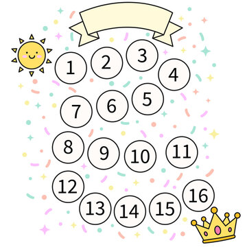 Cute printable reward chart for kids. Numbered path 1-16 from sun to crown. Pastel confetti background with ribbon banner. Ideal for behavior and potty training.