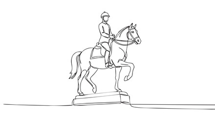 Obraz premium Equestrian statue of a uniformed rider on a horse, rendered in a minimalist black and white continuous single line drawing style standing on a pedestal