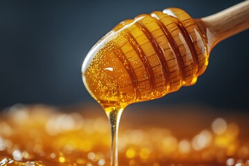 Macro shot of honey dripping from  a wooden dipper.