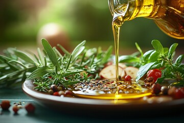 Olive oil is poured from a glass bottle to be used as a dressing in a spiced dish.
