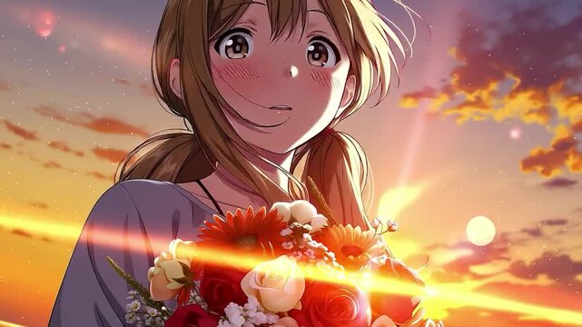 Anime illustration of a girl smiling with a bouquet under a clear umbrella after the rain
,雨上がりの虹と花束を手に微笑む少女 透明傘が印象的なアニメイラスト
