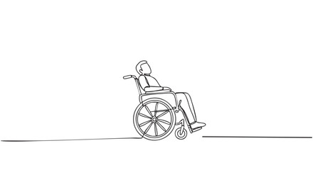 Obraz premium Single continuous line drawing of a person sitting in a wheelchair, a minimalist black and white illustration representing disability, accessibility, healthcare, and recovery