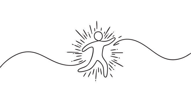 Minimalist black line art drawing of a stickman breaking through a wavy barrier, radiating energy in a powerful concept of success, freedom, personal growth, and overcoming obstacles