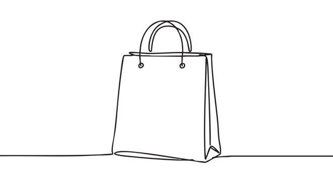 Single continuous line drawing of a shopping bag with handles, created in a minimalist black and white art style, representing retail, commerce, and modern graphic design