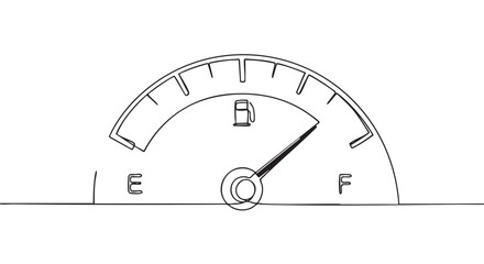 Fototapeta premium Car fuel gauge with the needle pointing to the full mark, indicating a full tank of gasoline, drawn in a simple, minimalist continuous single line art style