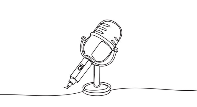 Vintage studio microphone on a stand drawn in a continuous single line art style, a minimalist black and white illustration for podcasting or broadcasting concepts
