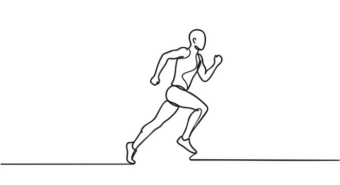 Continuous one line drawing of a running person in a minimalist style, showing a fit athlete in motion with a dynamic and energetic pose for a health and wellness concept