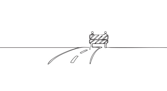 Road leading to a dead end blocked by a construction barrier, illustrated in a minimalist single continuous line drawing style symbolizing an obstacle, restriction, or challenge