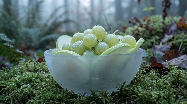 Fresh green grapes in frosted glass bowl on mossy forest floor