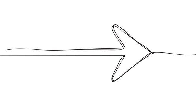 Single continuous black line drawing of an arrow pointing right in a minimalist, hand-drawn doodle style, symbolizing direction, progress, and forward movement