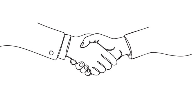 Continuous one line drawing of a handshake between two people in business suits, a minimalist black and white illustration symbolizing agreement, partnership, and a successful deal