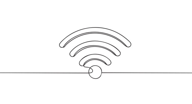 Continuous one-line drawing of a Wi-Fi symbol representing internet connectivity and wireless technology in a minimalist, elegant, and simple black line art illustration