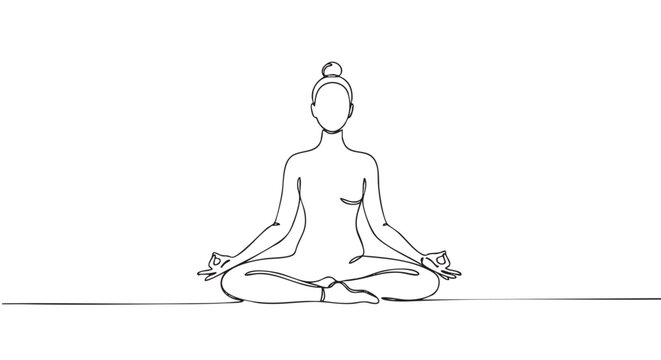 Continuous one line drawing of a woman sitting in a lotus yoga pose for meditation, a minimalist black and white sketch representing wellness, mindfulness, and inner peace