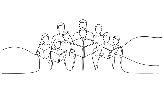 Group of choir singers holding songbooks and singing together in a continuous single line drawing style, a minimalist black and white illustration of a vocal ensemble performance