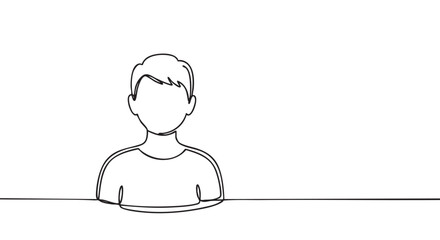Faceless young man's bust drawn with a continuous single black line, a minimalist and abstract illustration representing an anonymous person or a generic user profile avatar