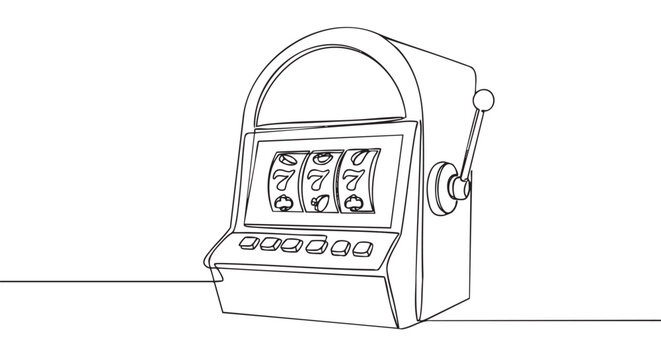 Continuous single line drawing of a slot machine showing a lucky 777 jackpot combination in a minimalist, modern, and clean artistic style for gambling and casino concepts