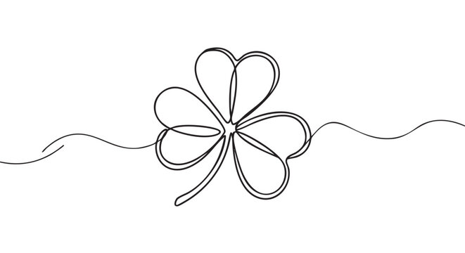 Three-leaf clover drawn in a continuous single line art style with heart shaped leaves, a minimalist shamrock symbol for St. Patrick's Day and good luck concepts