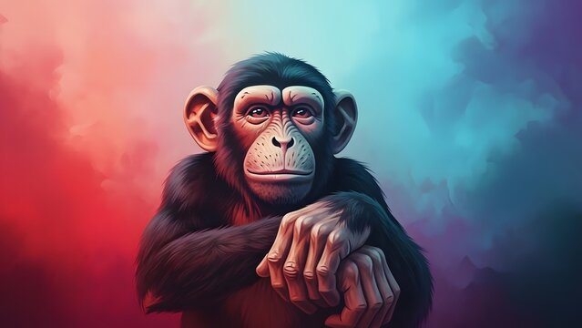 Thoughtful monkey sitting with hands clasped together in colorful environment