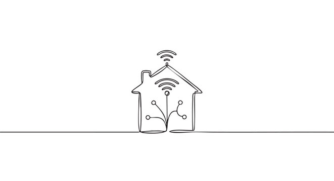 Smart home icon drawn in a continuous single line style showing a house with internal network connections and a wireless wifi signal, representing home automation and IoT technology