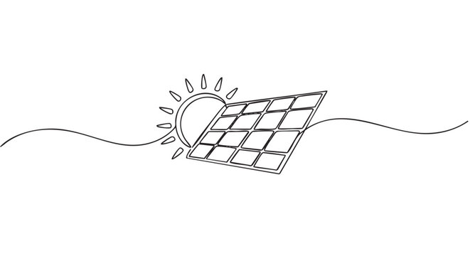 Solar panel and sun in a continuous single line drawing style symbolizes renewable green energy, sustainability, and modern ecological technology with a simple, minimalist design