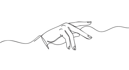 Obraz premium Graceful female hand drawn in a continuous single line art style, with elegant fingers gently touching a wavy surface in a minimalist black and white vector illustration
